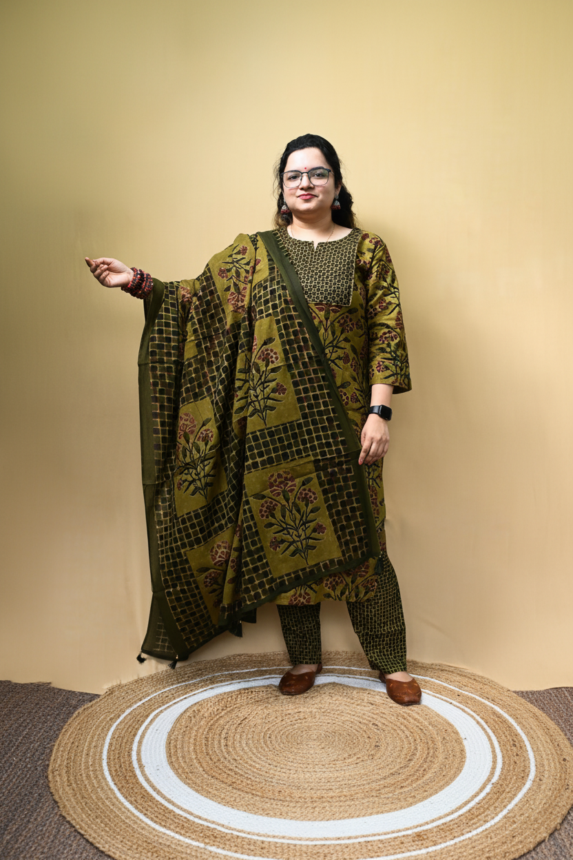 Olive And Mustard Floral Print Cotton Kurta Pant Dupatta Set
