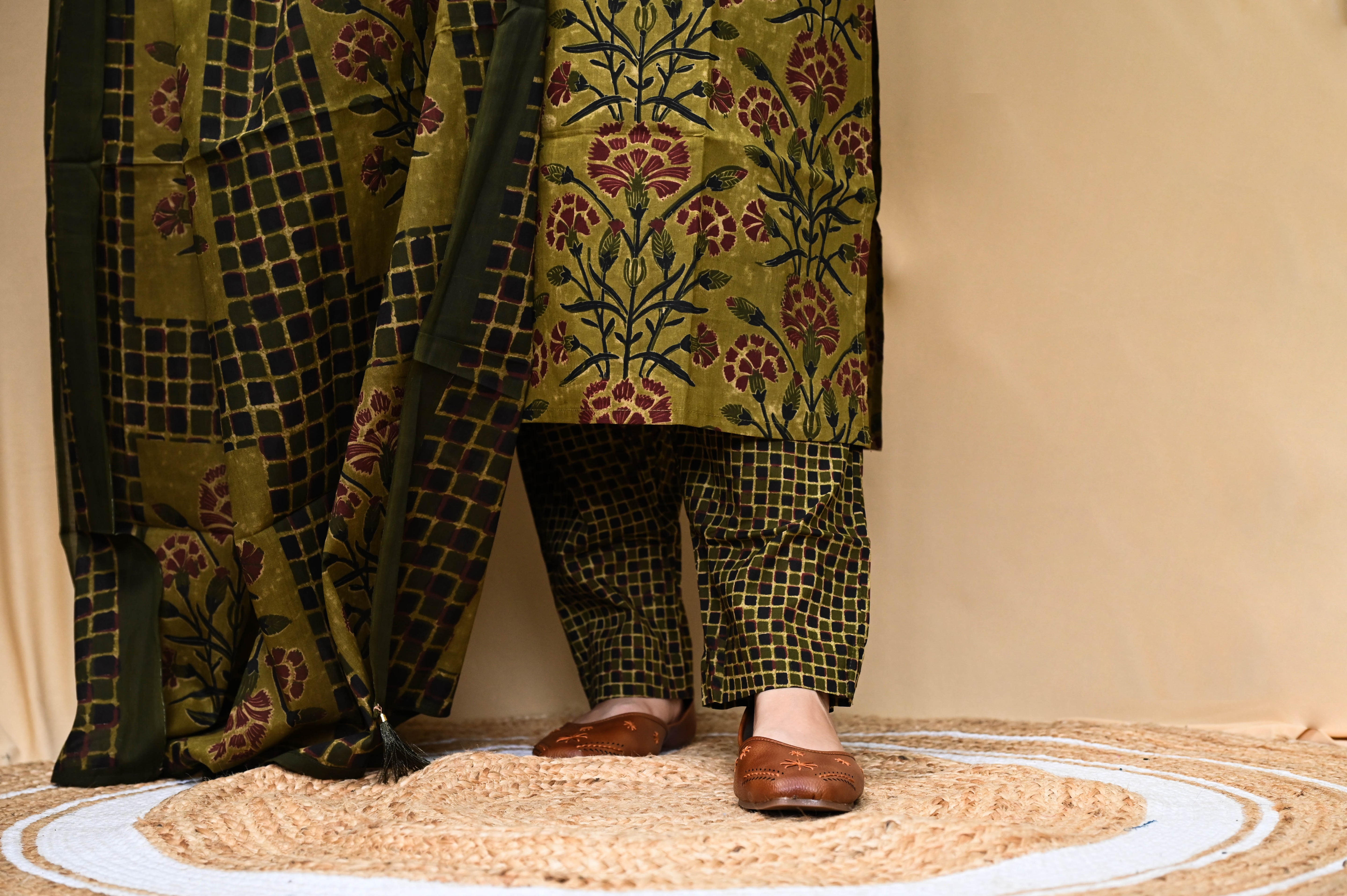 Olive And Mustard Floral Print Cotton Kurta Pant Dupatta Set