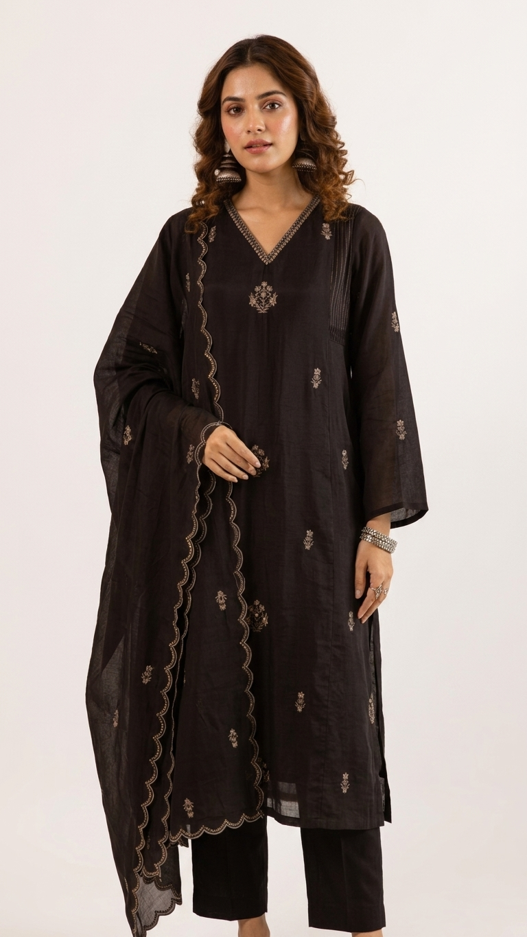 Black Beauty Mul Chanderi Kurta Pant Dupatta Set