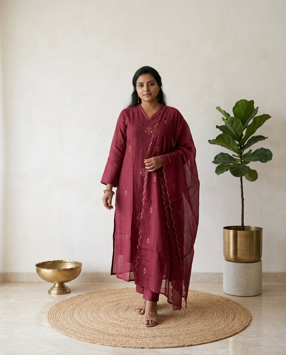 Onion Pink Solid Mul Chanderi Kurta Pant Dupatta Set