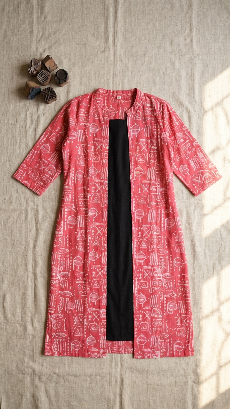 Black Cotton Sleeveless Dress With Pink Hand Block Shrug