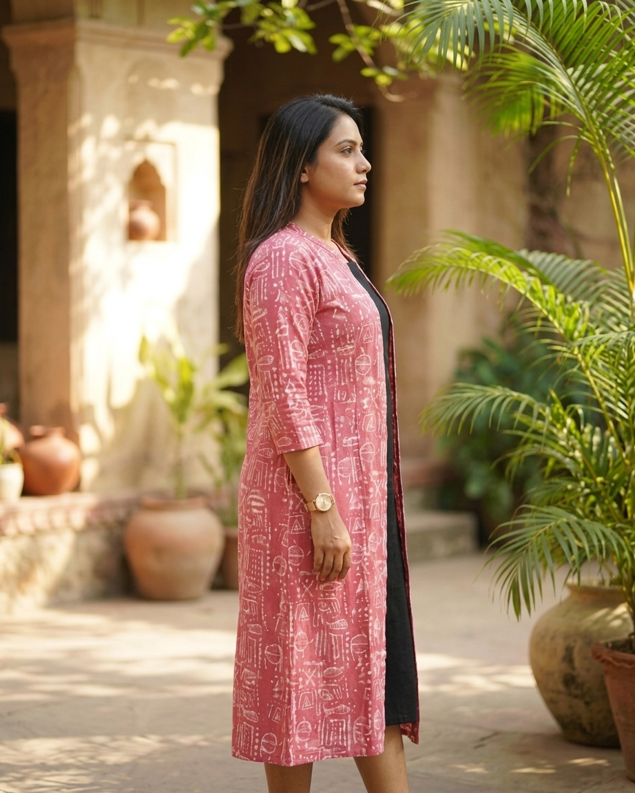 Black Cotton Sleeveless Dress With Pink Hand Block Shrug