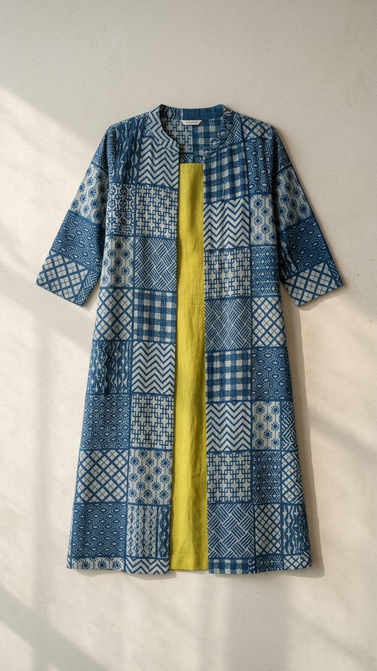Light Green Cotton Sleeveless Dress With Indigo Hand Block Shrug