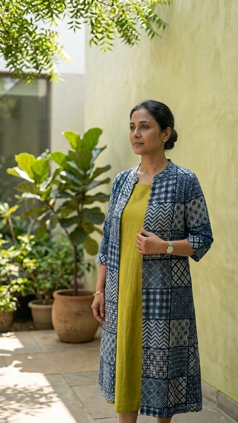 Light Green Cotton Sleeveless Dress With Indigo Hand Block Shrug
