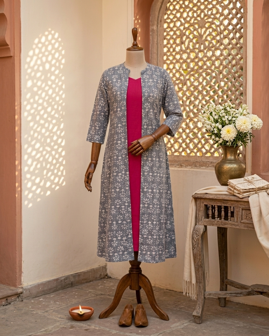 Magenta Cotton Sleeveless Dress With Grey Hand Block Shrug