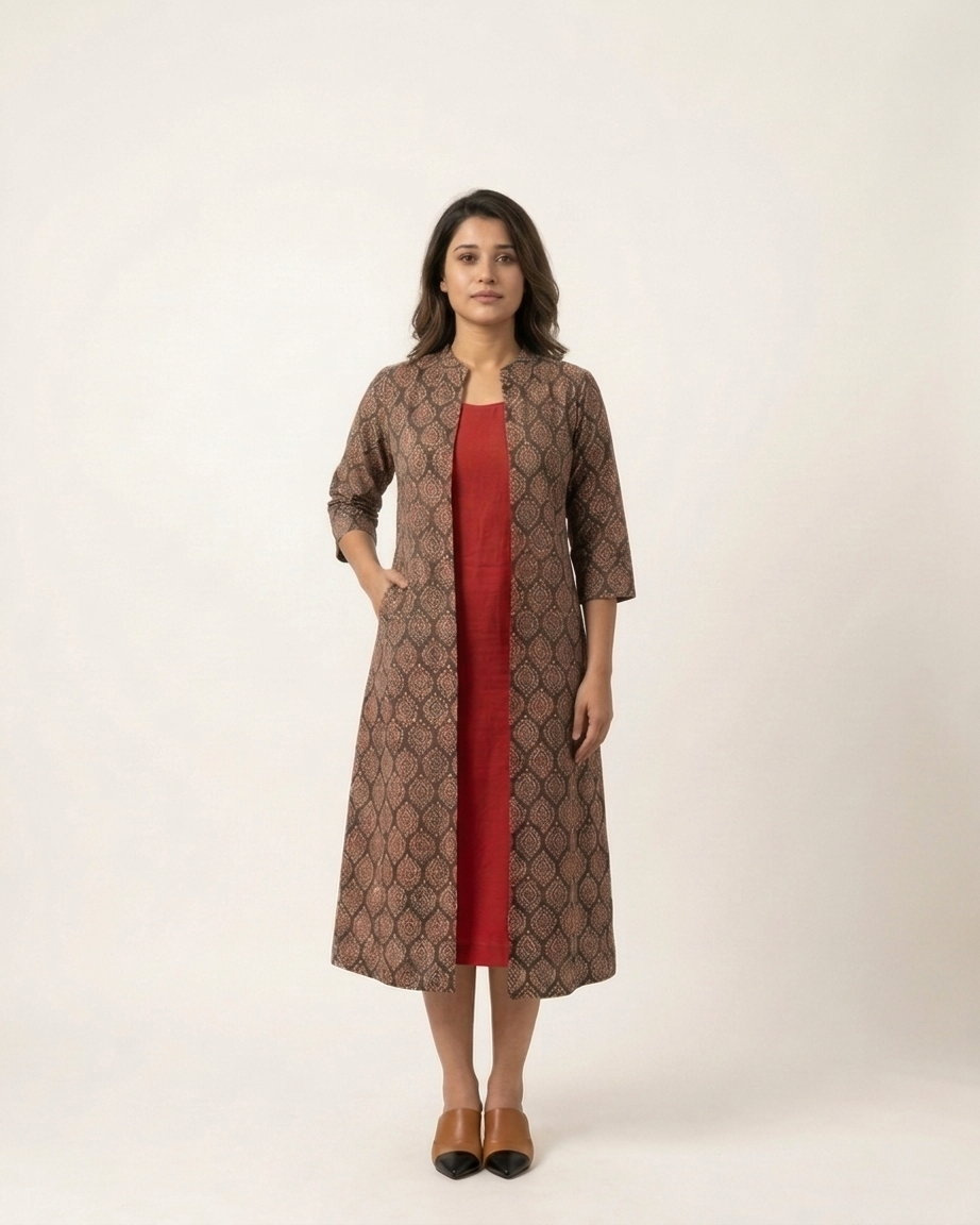 Red Cotton Sleeveless Dress With Ajrakh Shrug