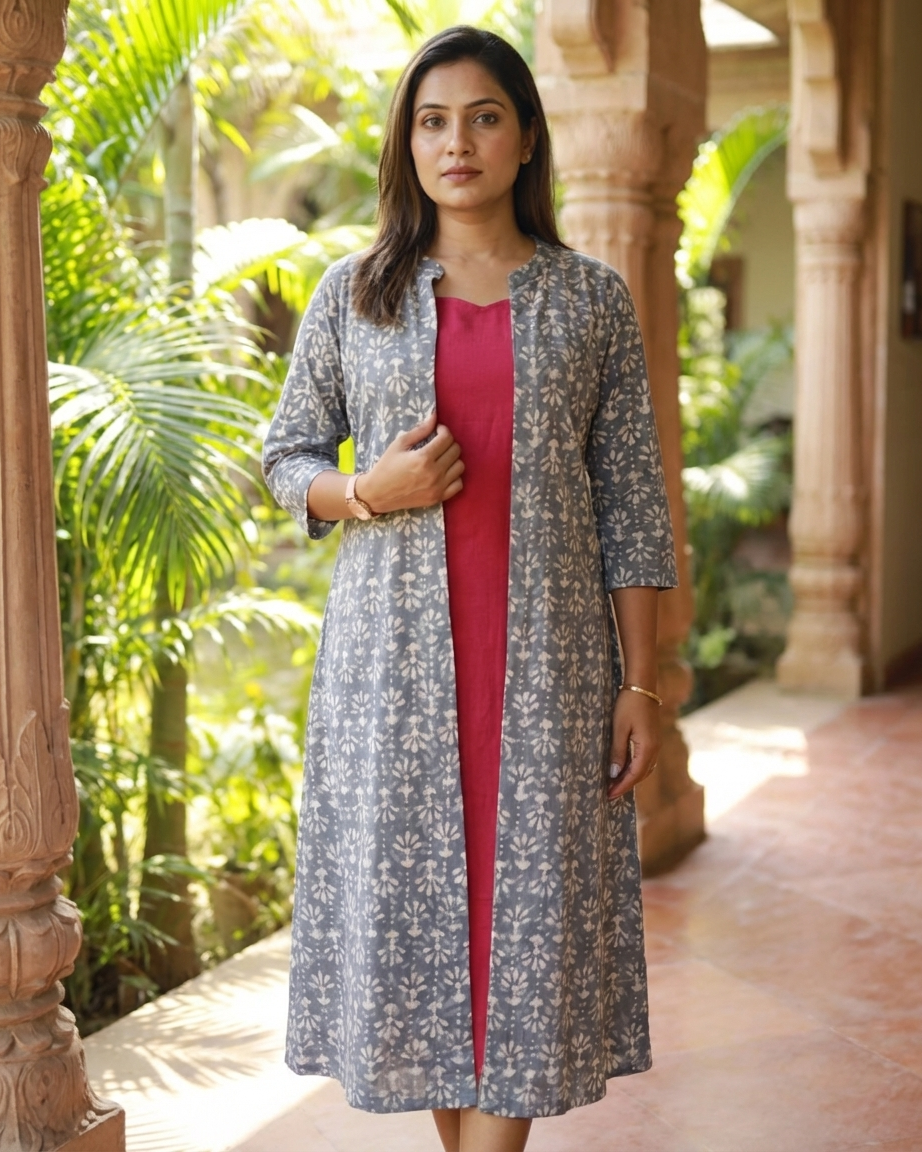 Magenta Cotton Sleeveless Dress With Grey Hand Block Shrug