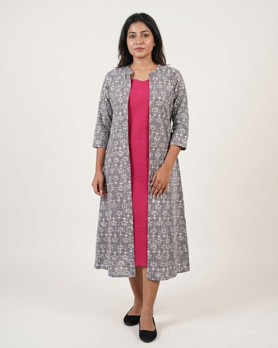 Magenta Cotton Sleeveless Dress With Grey Hand Block Shrug