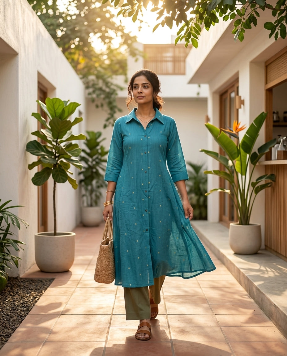 Blue Cotton A-Line Kurta With Collar