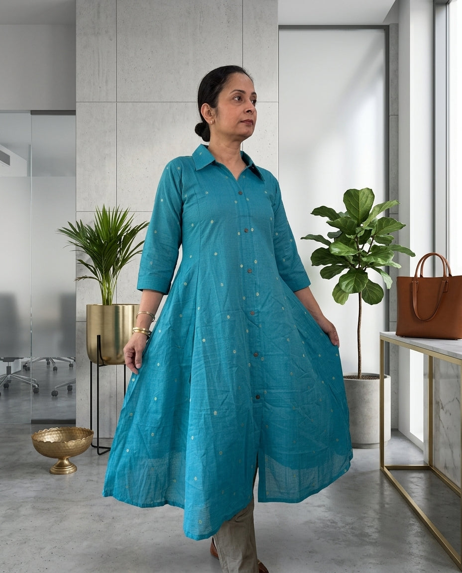 Blue Cotton A-Line Kurta With Collar