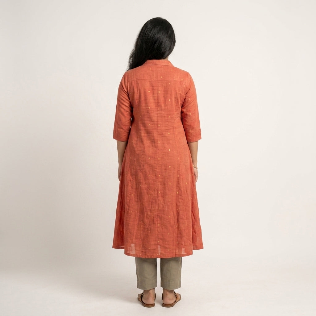 Peach Checked Cotton A-Line Kurta With Collar