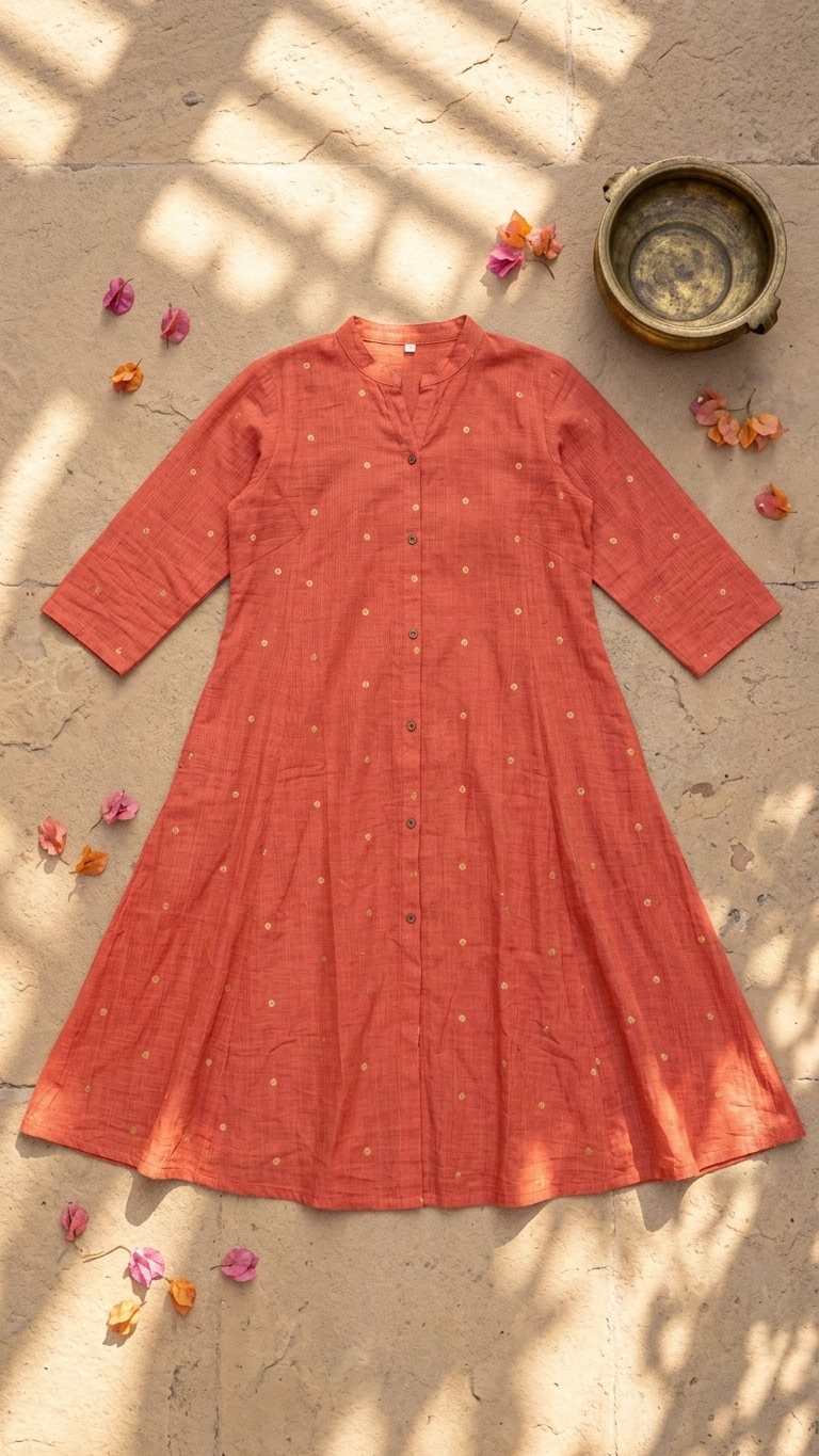 Peach Checked Cotton A-Line Kurta With Collar