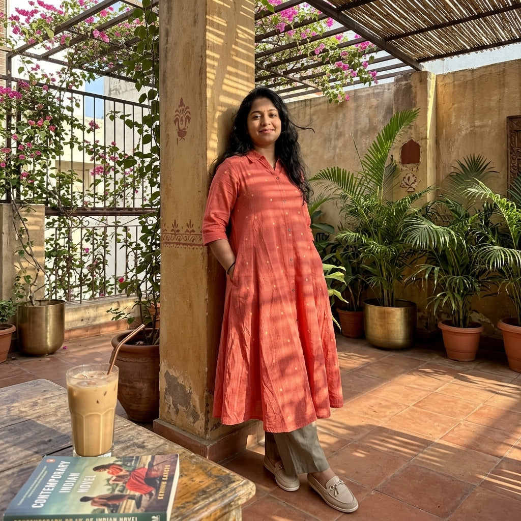 Peach Checked Cotton A-Line Kurta With Collar