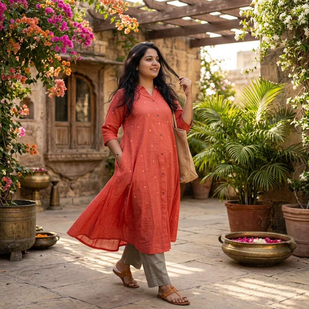 Peach Checked Cotton A-Line Kurta With Collar