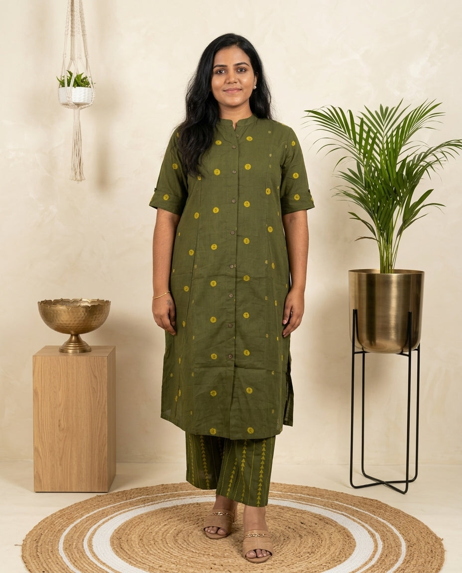Olive Office Wear Cotton Kurta Pant Set With Mandarin Collar