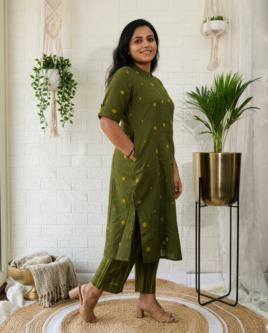Olive Office Wear Cotton Kurta Pant Set With Mandarin Collar