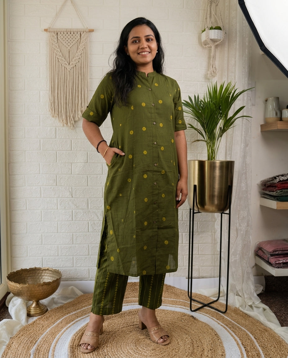 Olive Office Wear Cotton Kurta Pant Set With Mandarin Collar