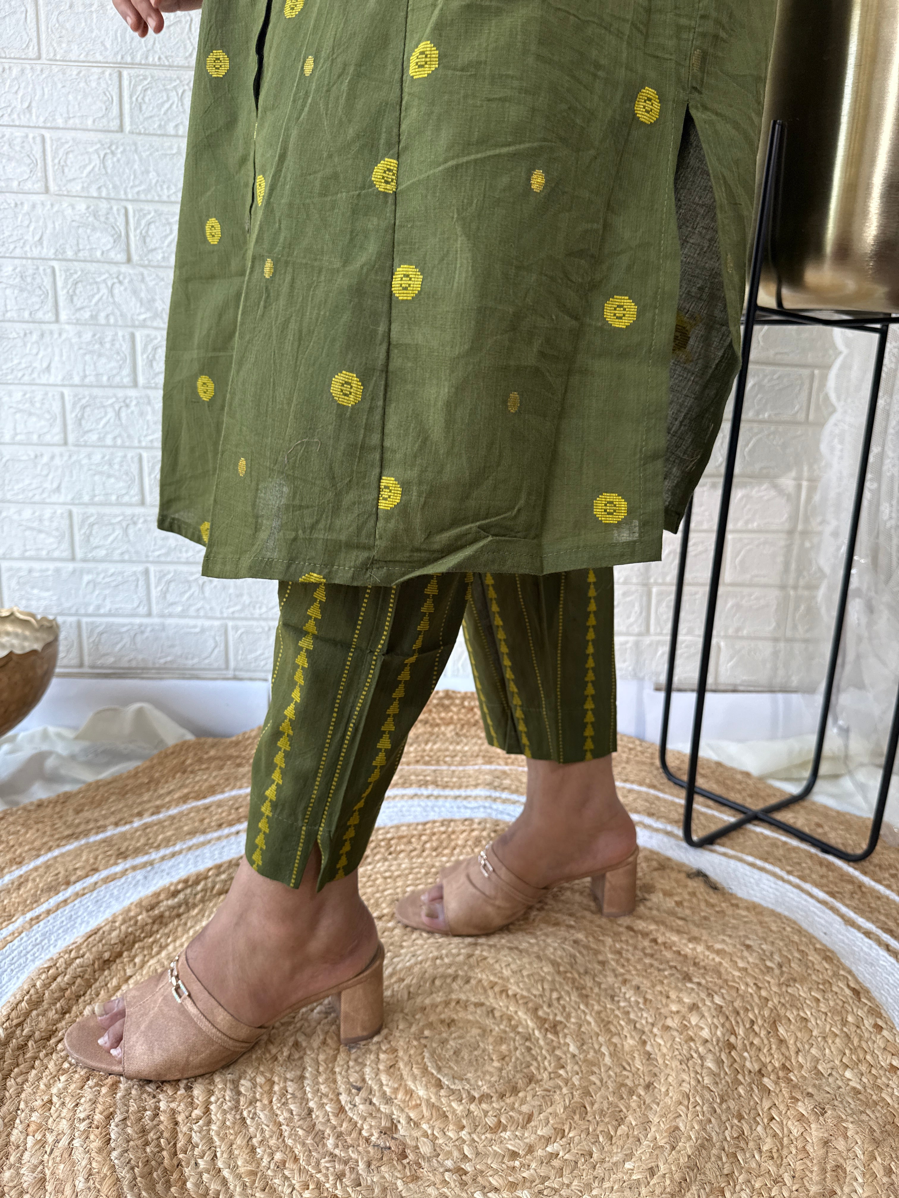 Olive Office Wear Cotton Kurta Pant Set With Mandarin Collar