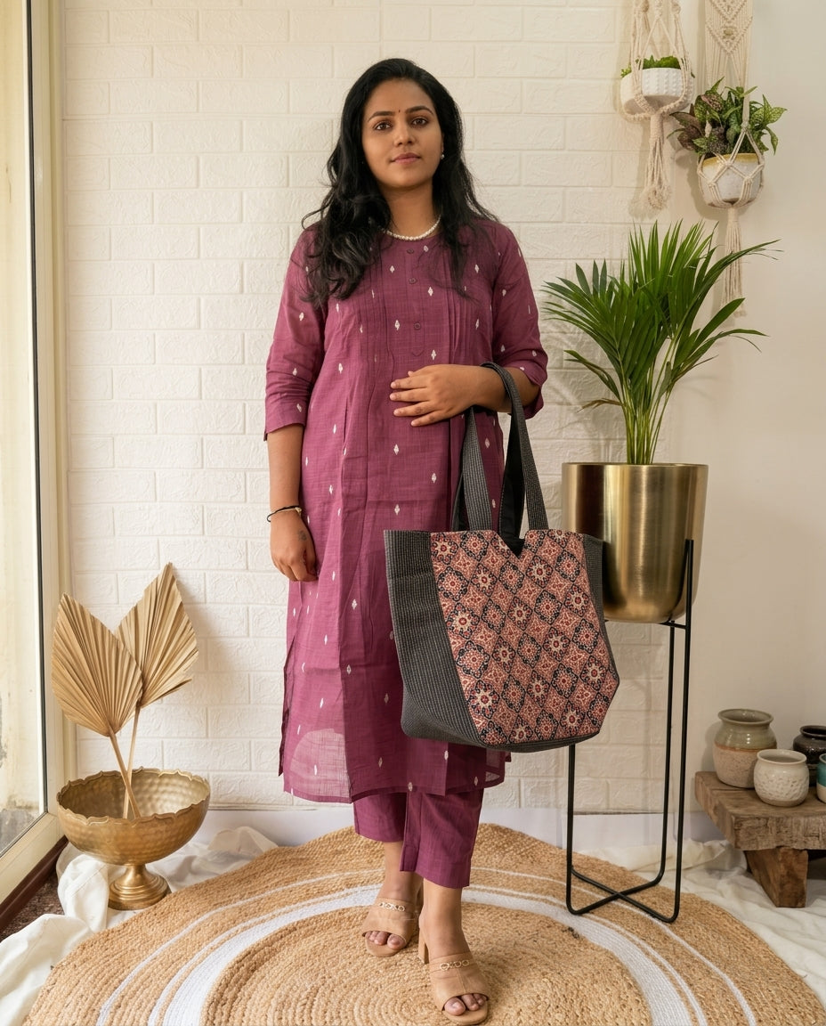 Pintucks Cotton A-Line Kurta Pant Set With Lining