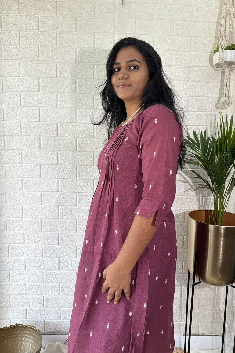 Pintucks Cotton A-Line Kurta Pant Set With Lining