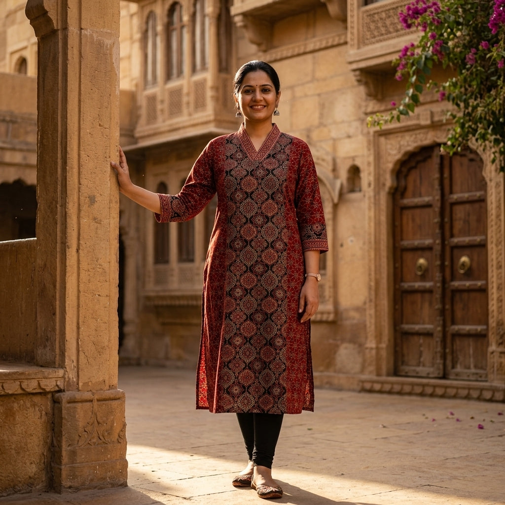 Ajrakh A-Line Panel Cotton Kurta With V-Neck -Maroon