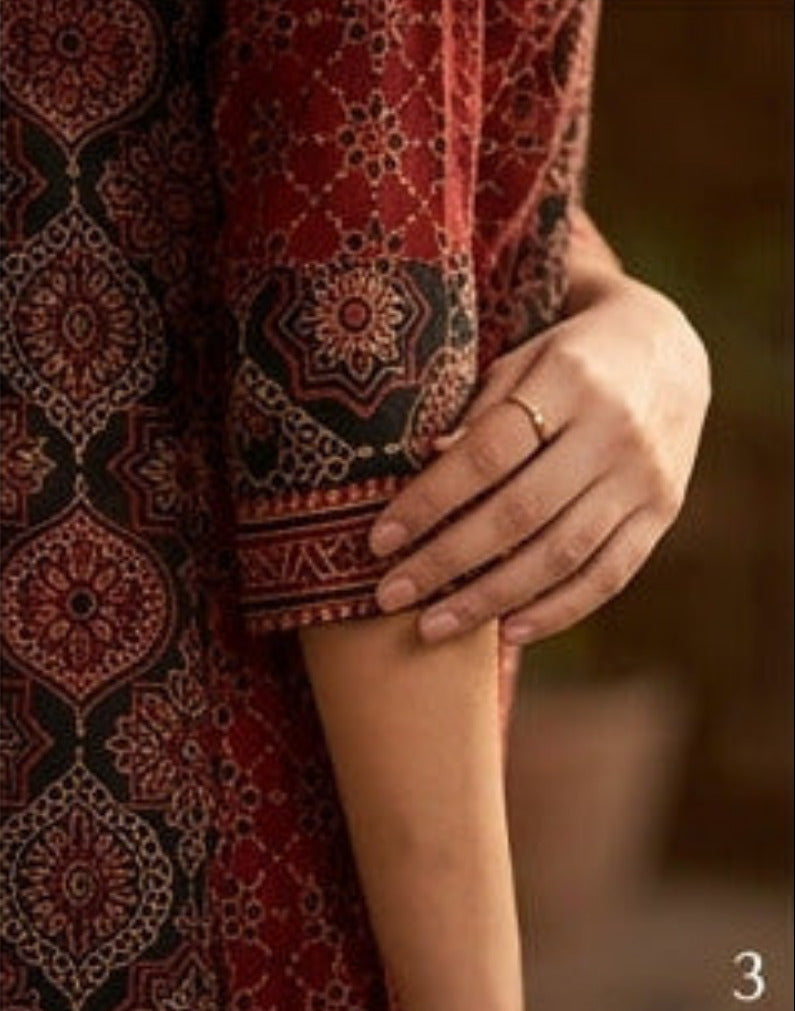 Ajrakh A-Line Panel Cotton Kurta With V-Neck -Maroon