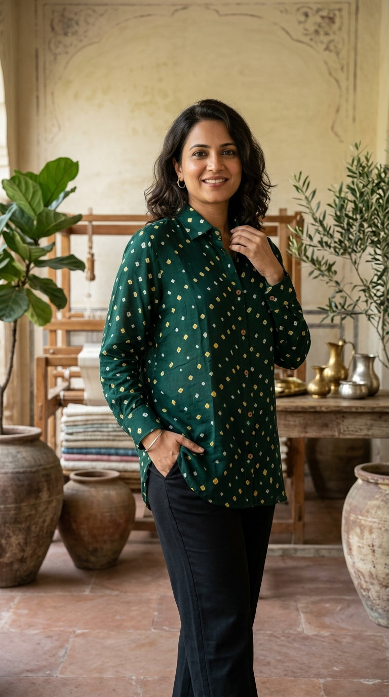 Bandhini Modal Silk Shirt-Green