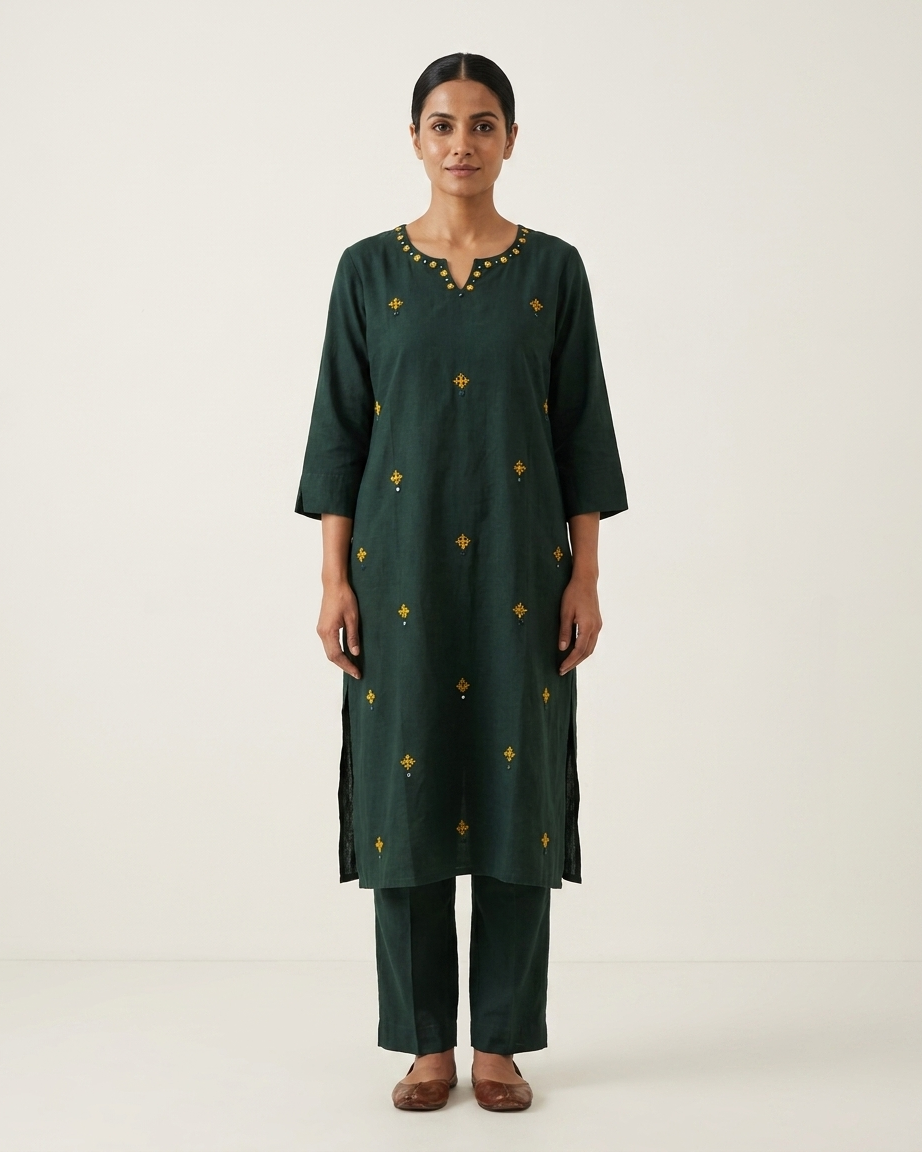 Solid Cotton Office Wear Kurta Pant Set With Hand Mirror Work And Embroidery-Dark Green