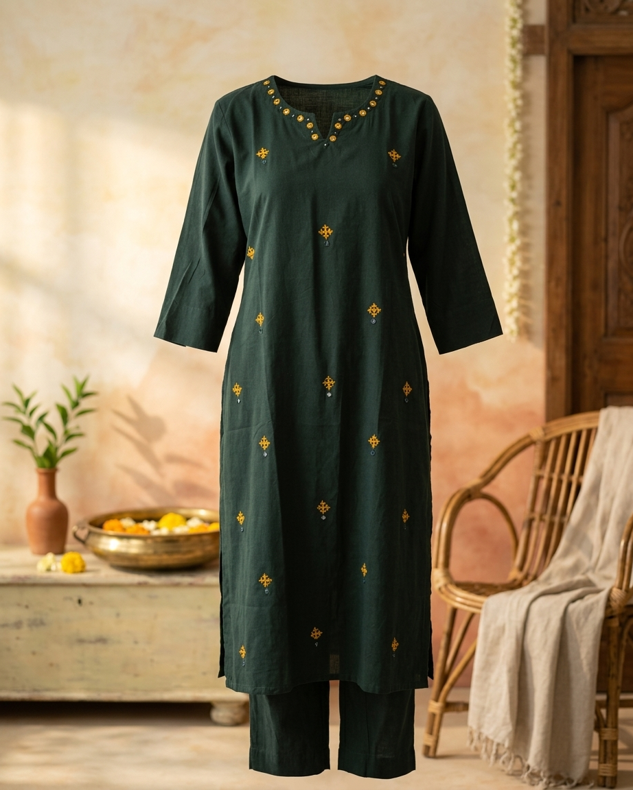 Solid Cotton Office Wear Kurta Pant Set With Hand Mirror Work And Embroidery-Dark Green