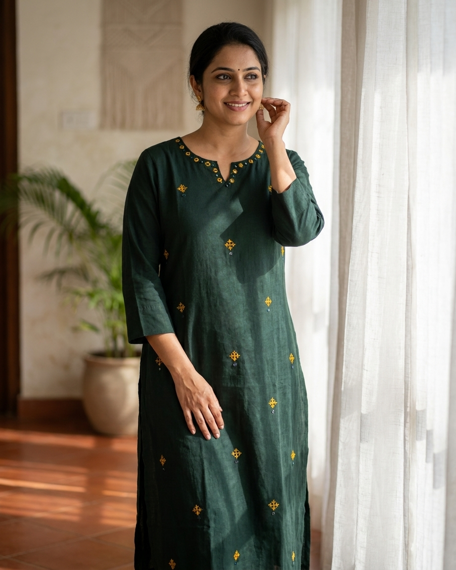 Solid Cotton Office Wear Kurta Pant Set With Hand Mirror Work And Embroidery-Dark Green
