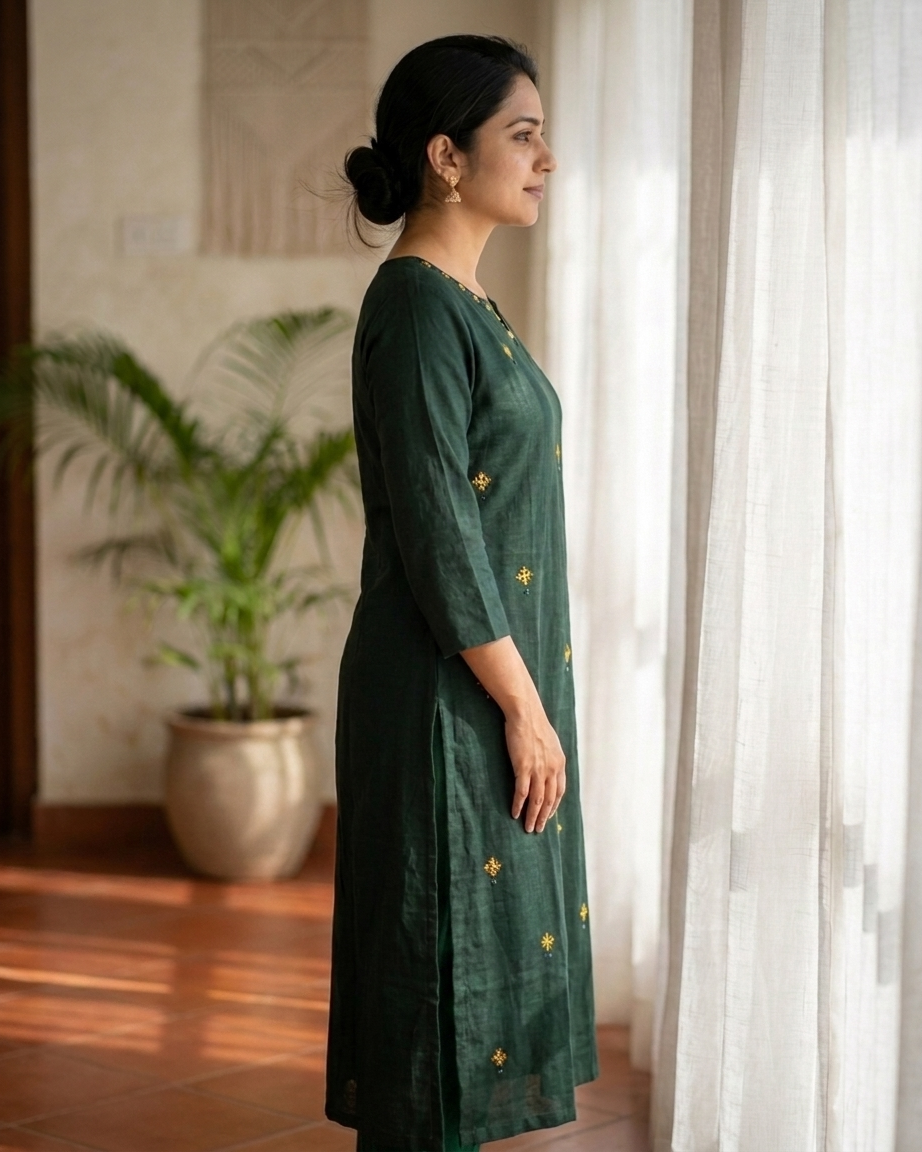 Solid Cotton Office Wear Kurta Pant Set With Hand Mirror Work And Embroidery-Dark Green