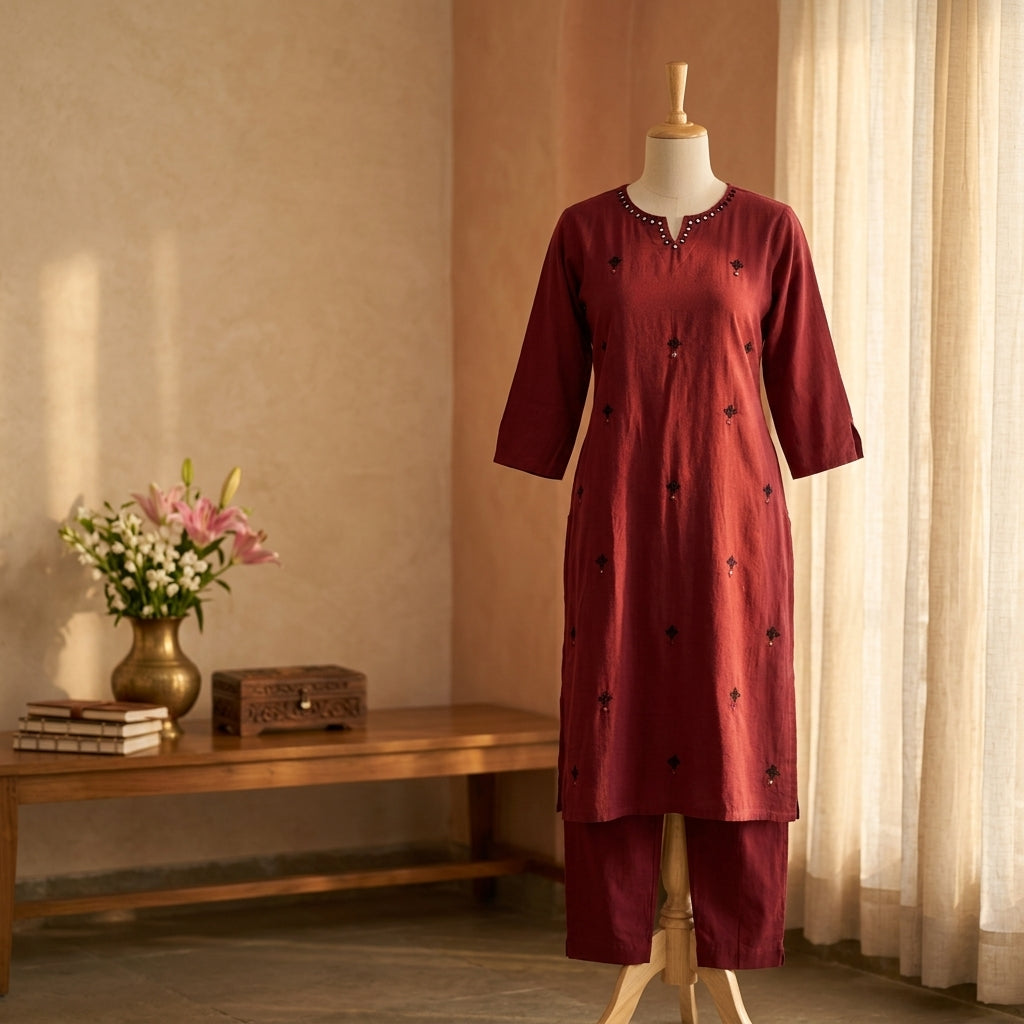 Solid Cotton Office Wear Kurta Pant Set With Hand Mirror Work And Embroidery-Maroon
