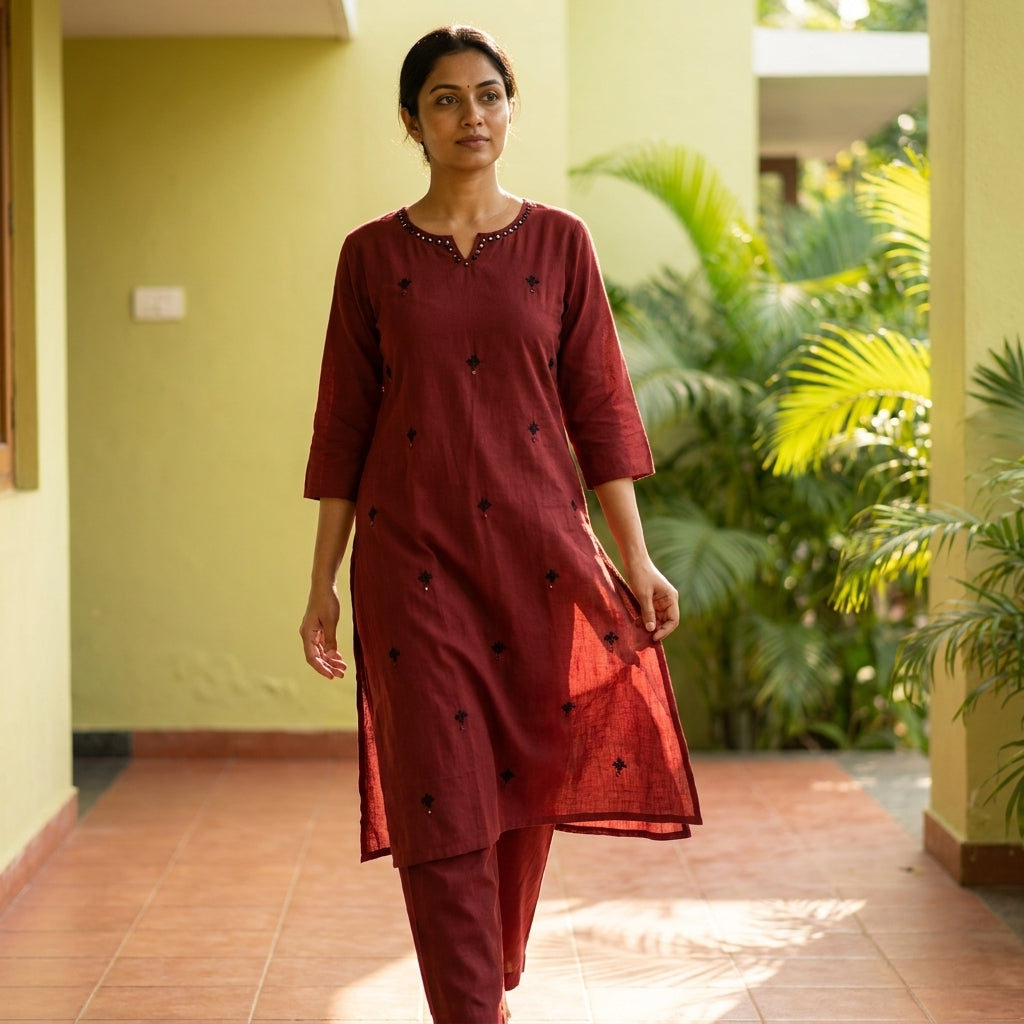 Solid Cotton Office Wear Kurta Pant Set With Hand Mirror Work And Embroidery-Maroon