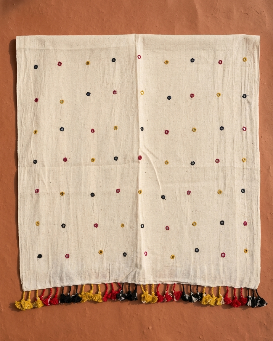 Indo-western Contemporary Kala Cotton Stole With Real Mirror Work And Tassels-Off-White
