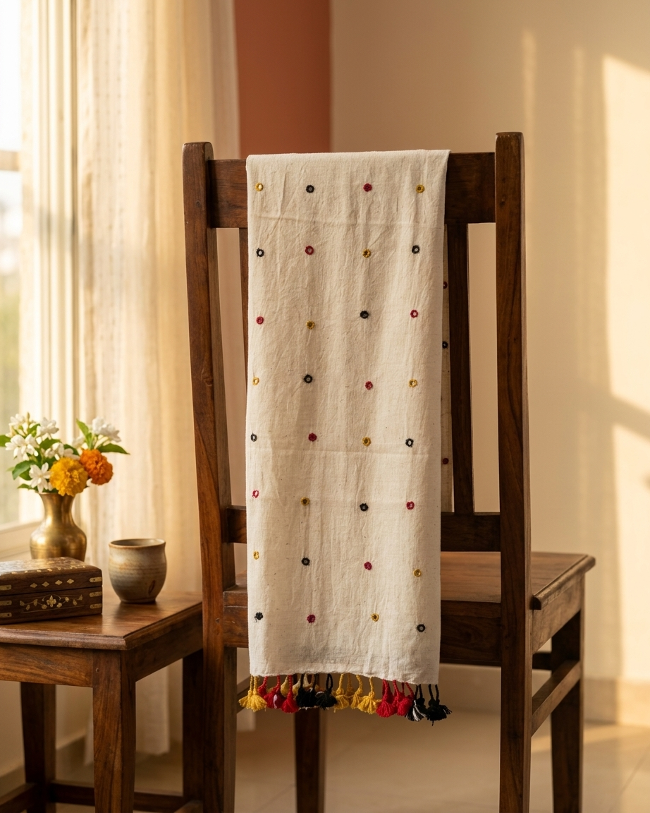 Indo-western Contemporary Kala Cotton Stole With Real Mirror Work And Tassels-Off-White