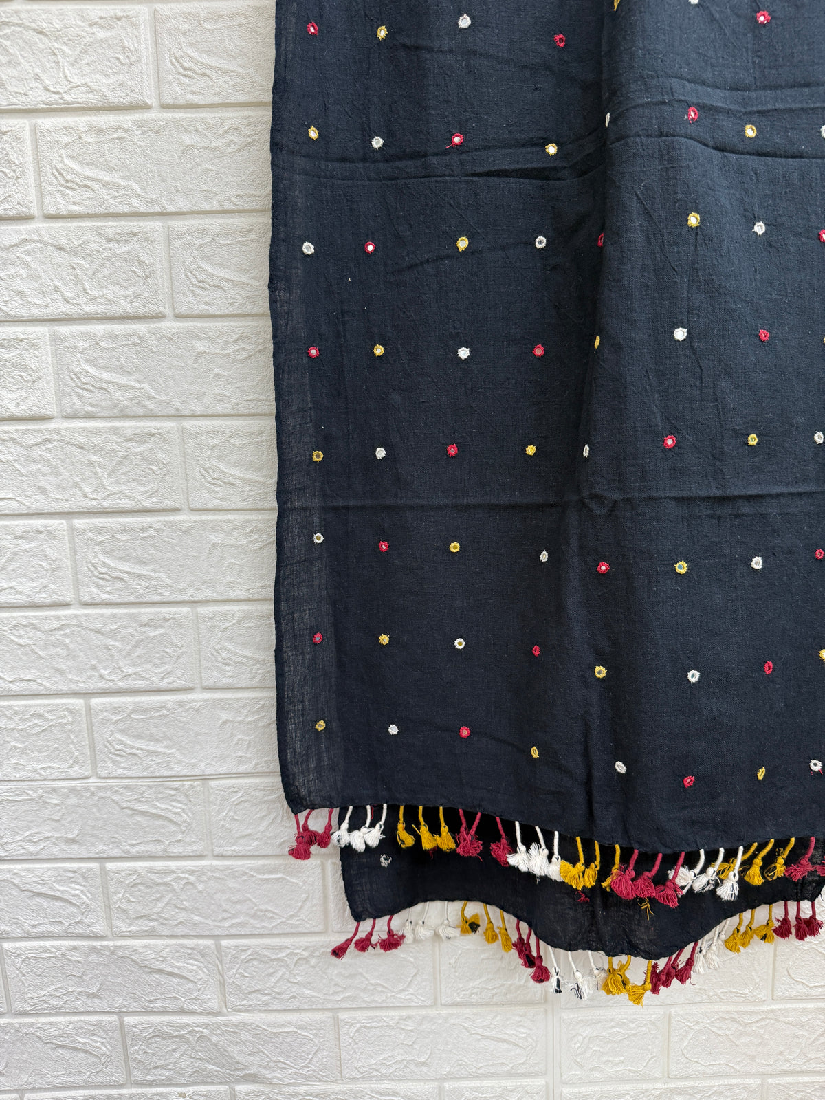 Indo-western Kala Cotton Handloom Stole With Real Mirror Work And Tassels-Black