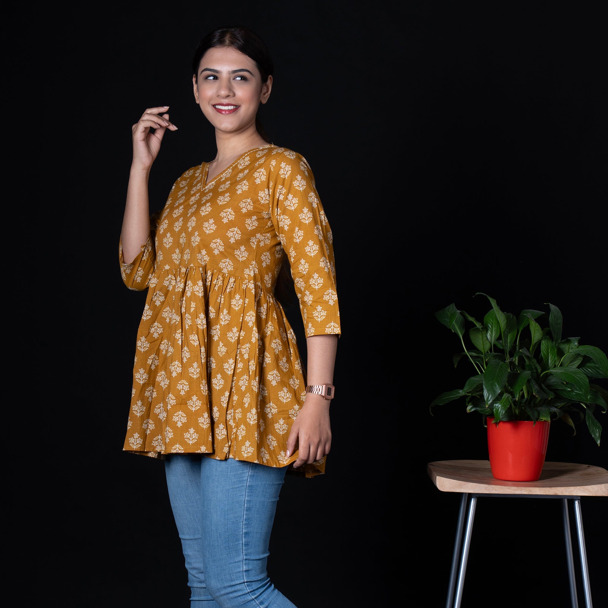 Cotton Peplum Top With V Neck - Orange