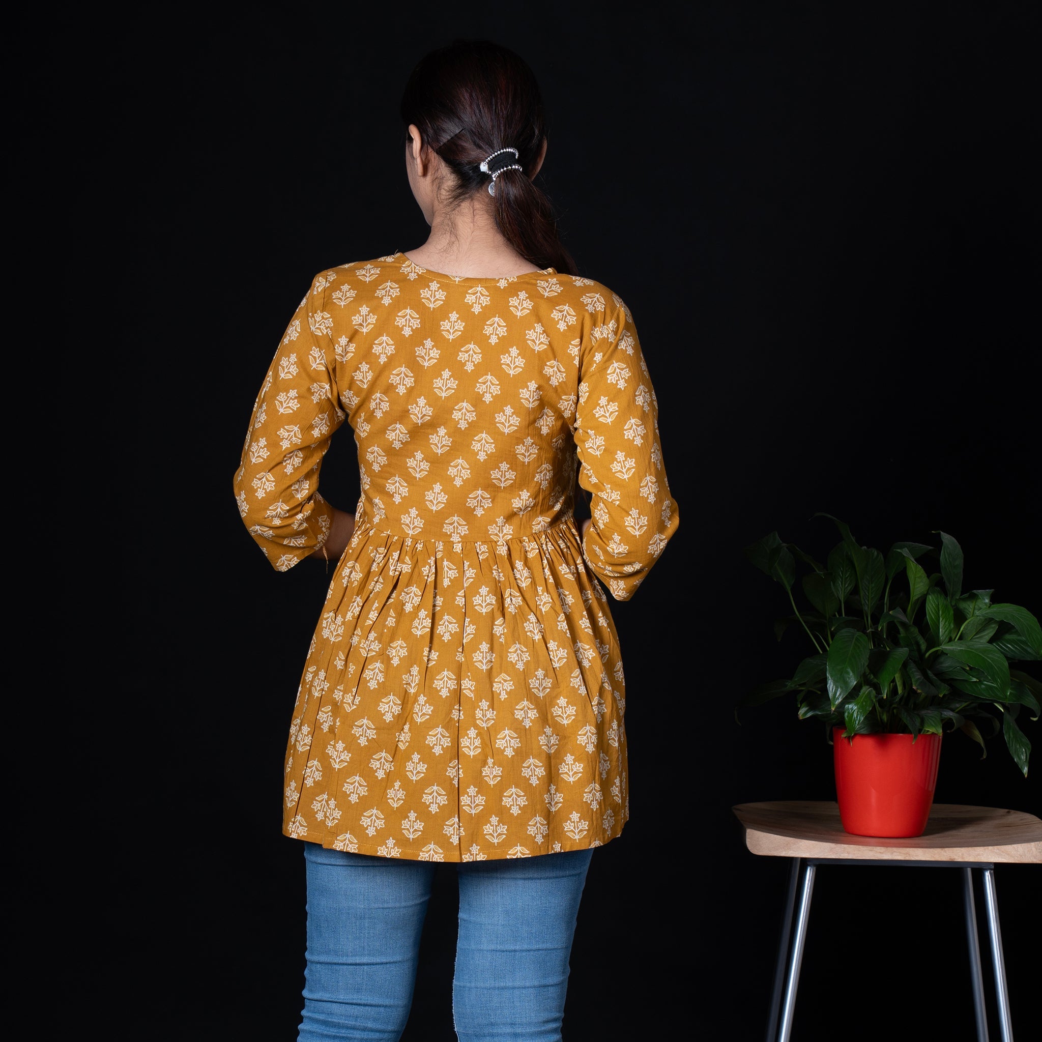 Cotton Peplum Top With V Neck - Orange