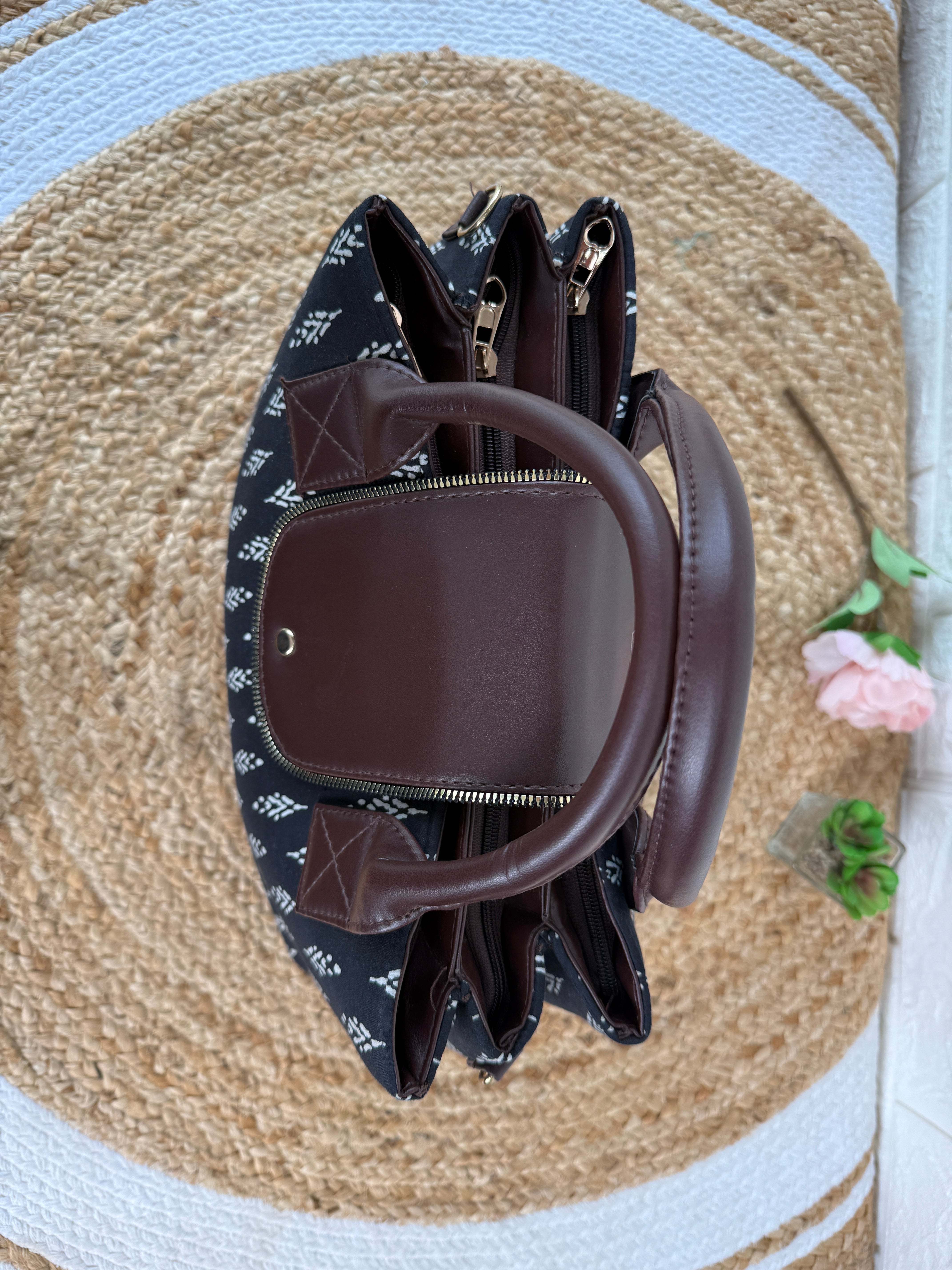 Digital Print Cotton Silk 3 Partition Handbag With Add On Pouch