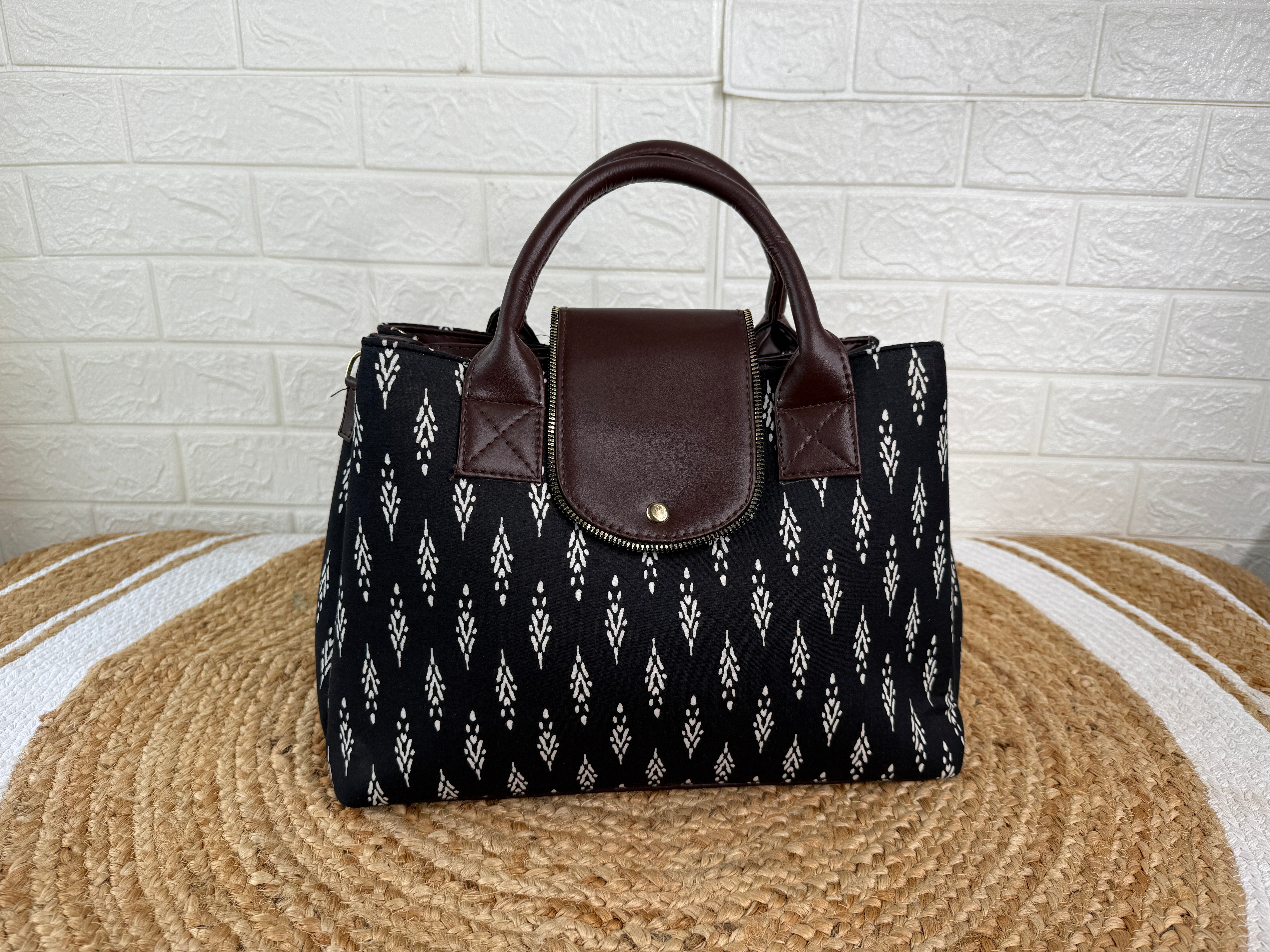 Digital Print Cotton Silk 3 Partition Handbag With Add On Pouch