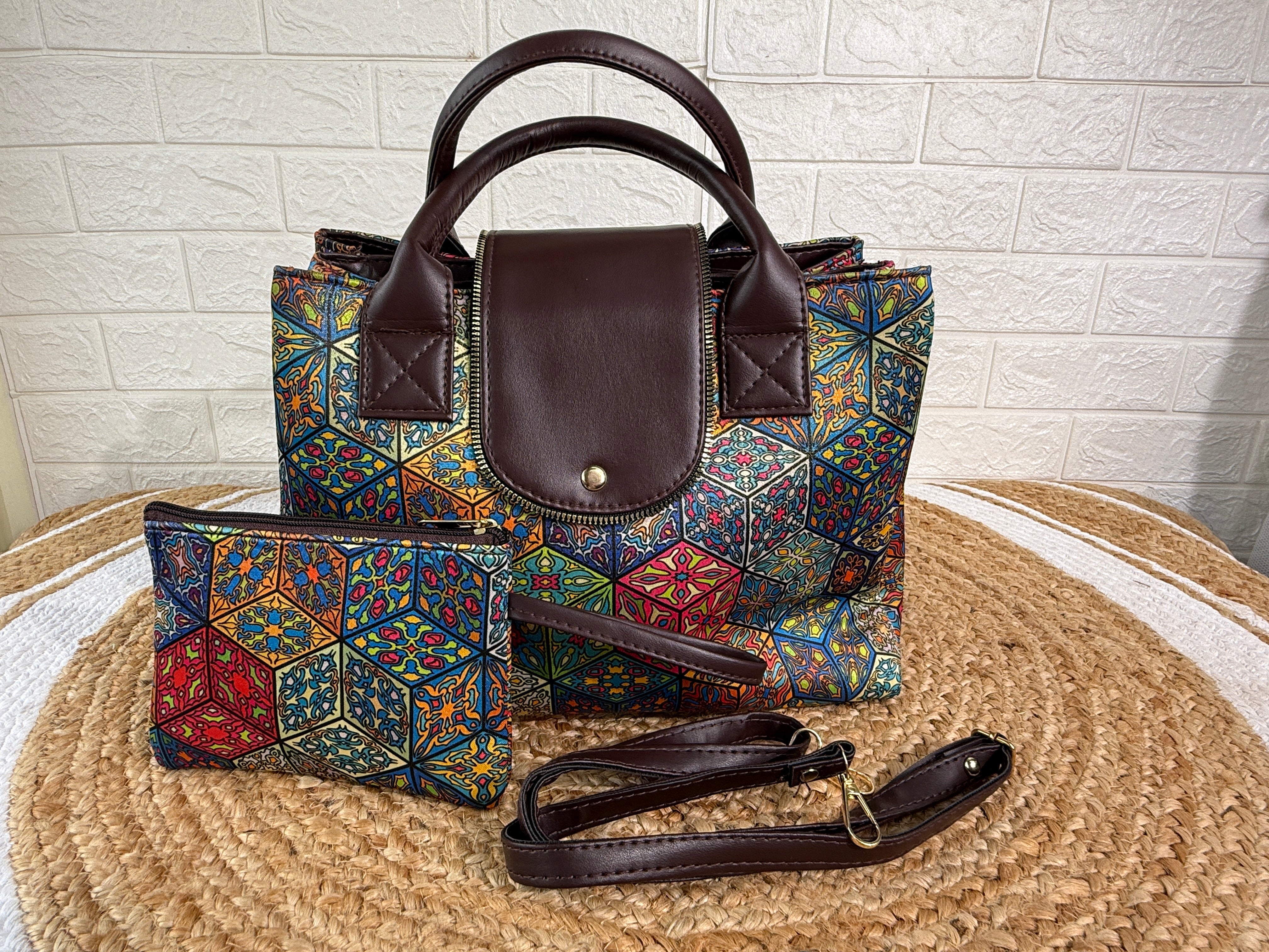 Digital Print Cotton Silk 3 Partition Handbag With Add On Pouch