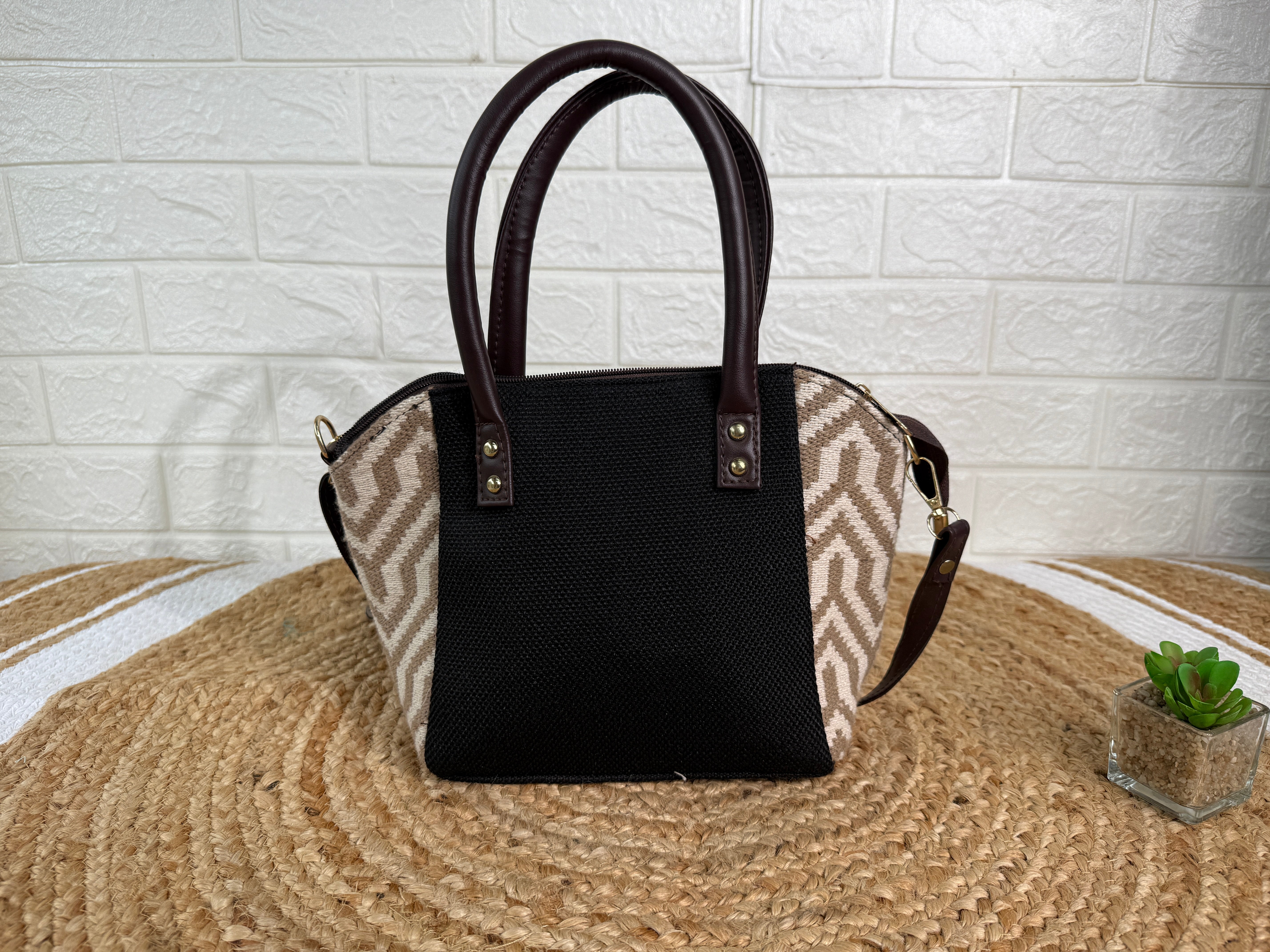 Solid Black Khadi And Jacquard Handbag