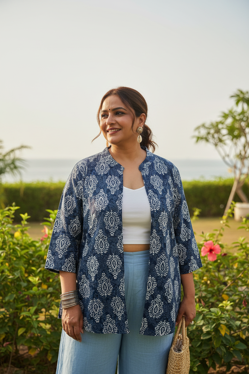 Cotton Printed Short Shrug - Navy-Blue