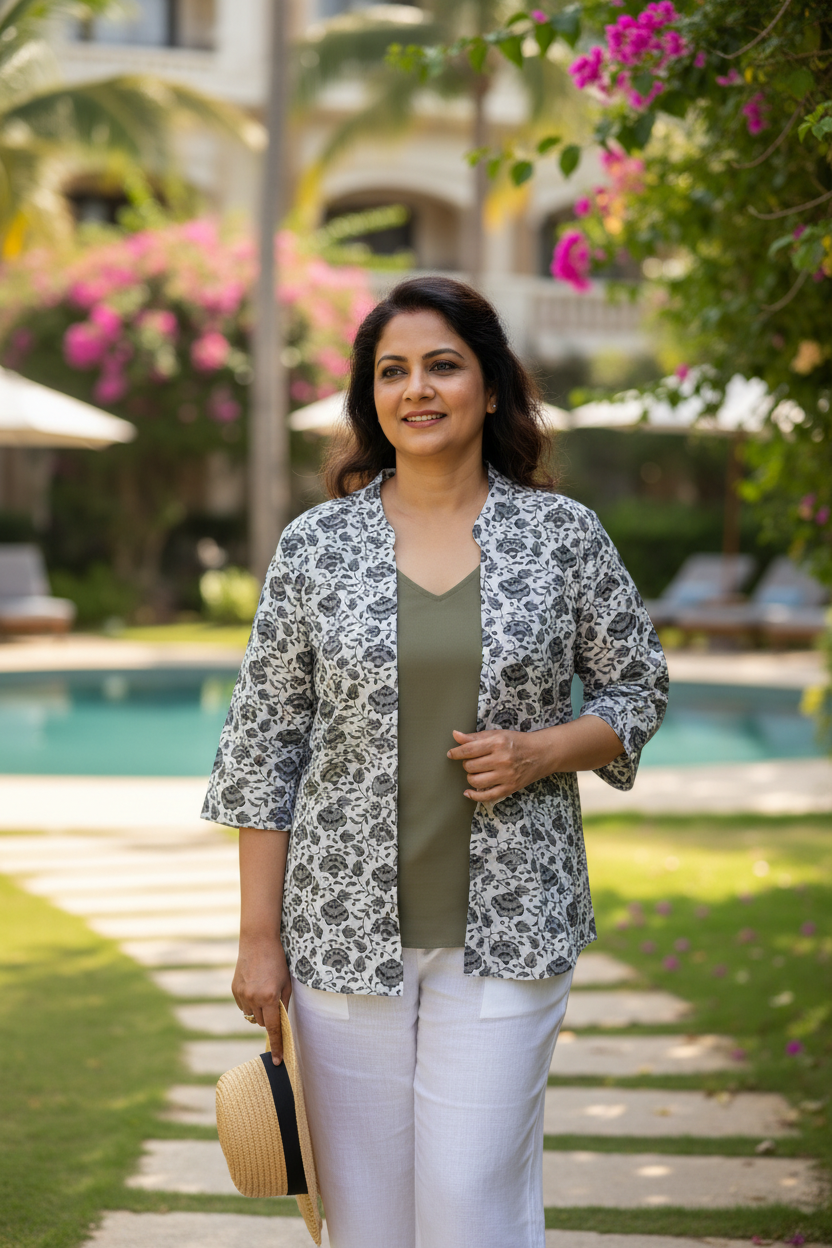 Cotton Printed Short Shrug - Black & White