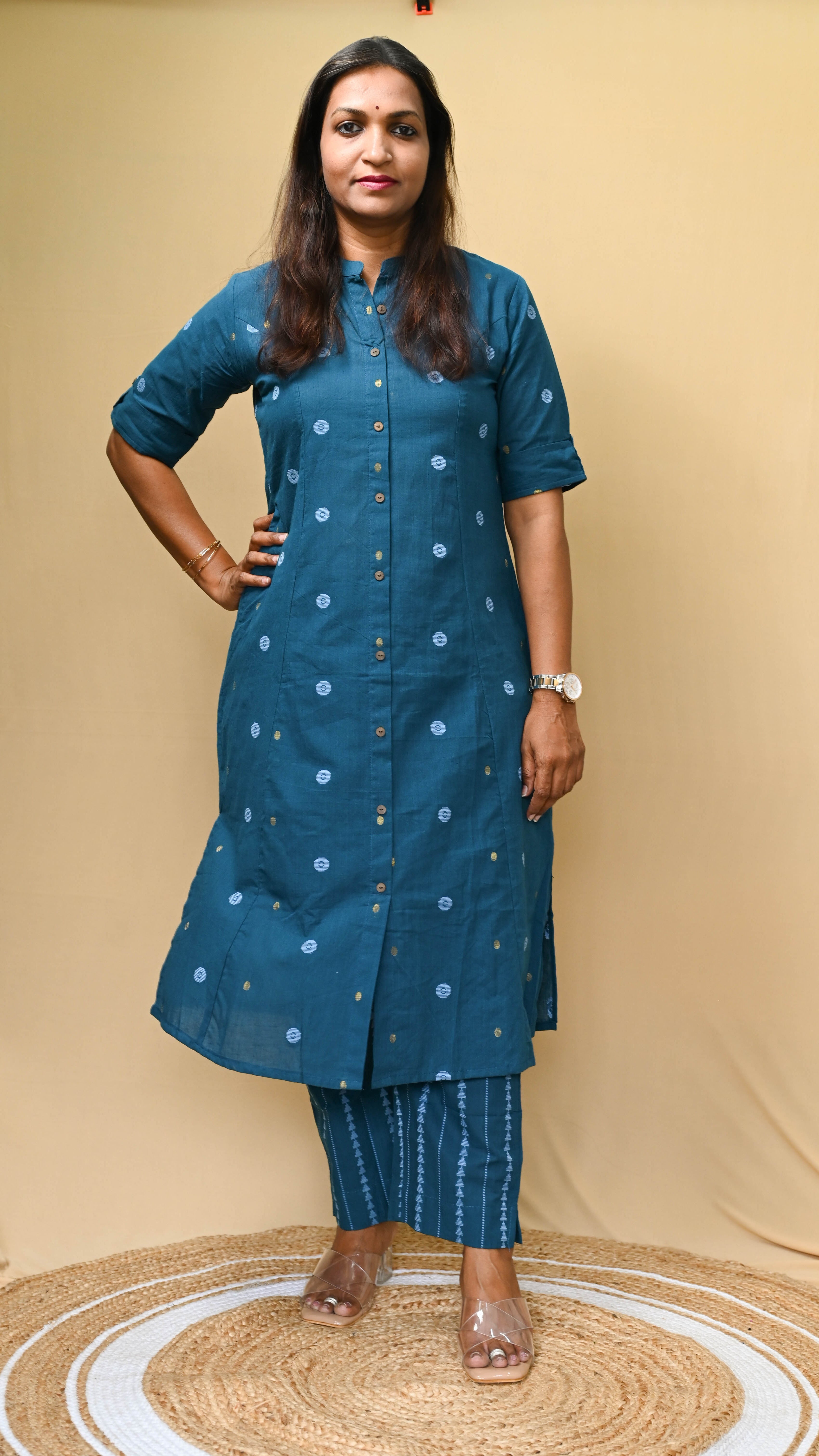 Blue Office Wear Handloom Cotton Kurta Pant Set