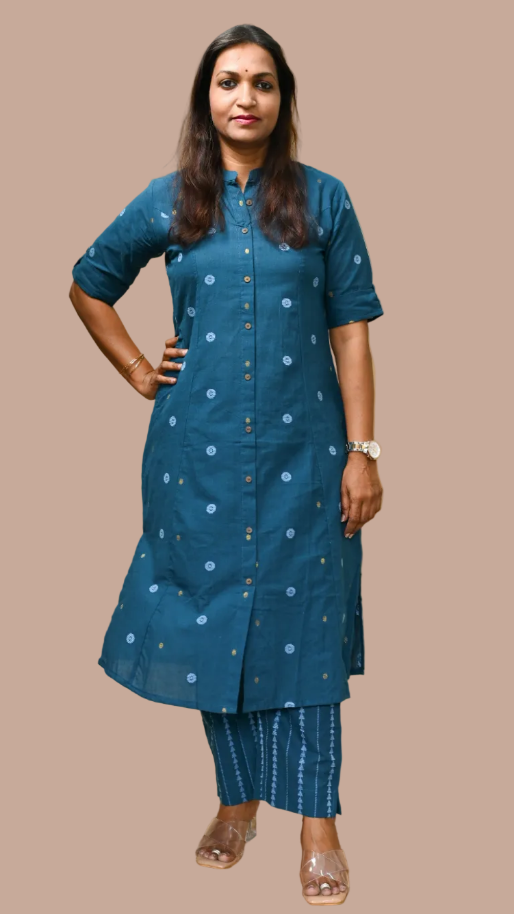 Blue Office Wear Handloom Cotton Kurta Pant Set