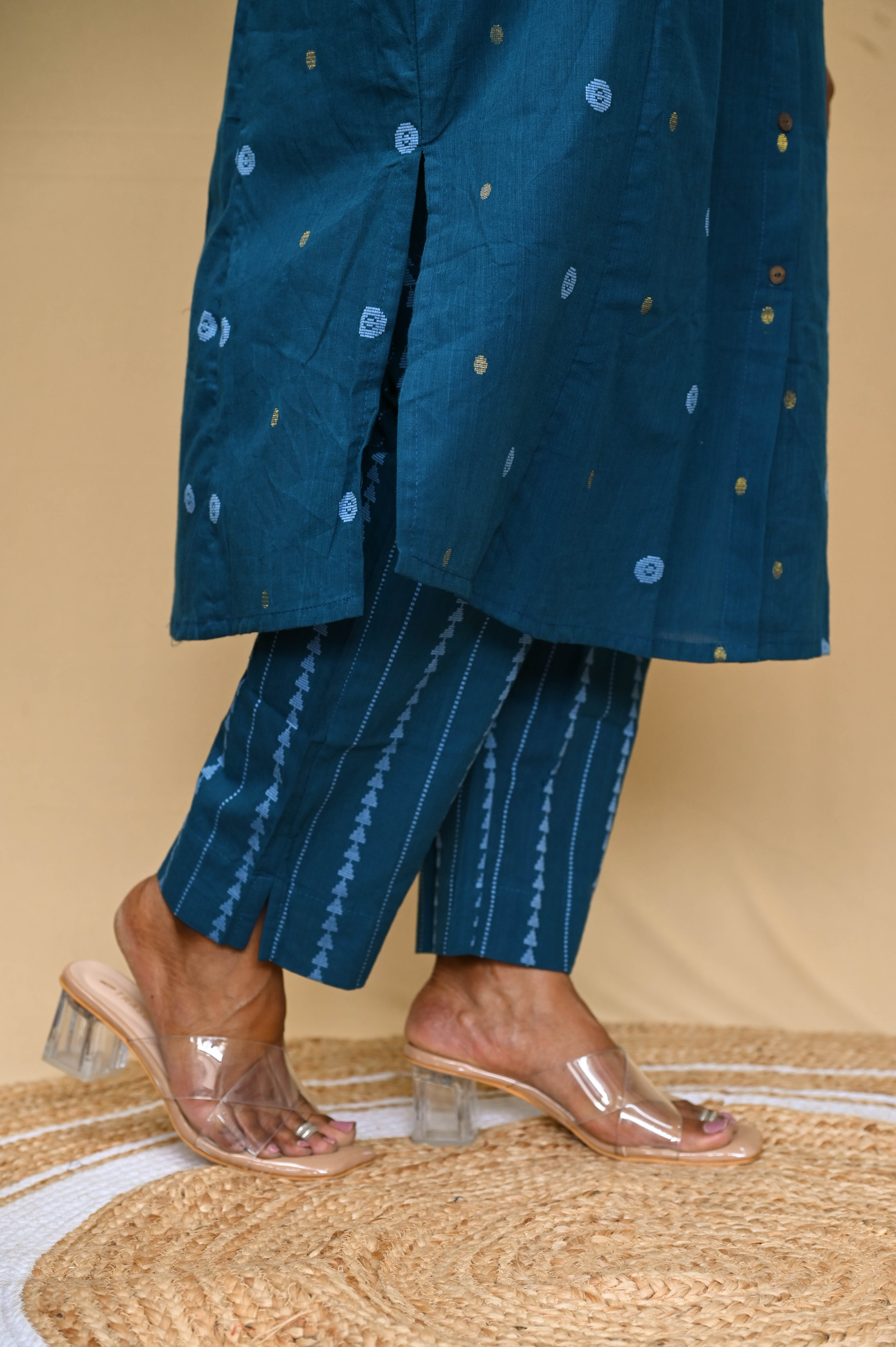Blue Office Wear Handloom Cotton Kurta Pant Set