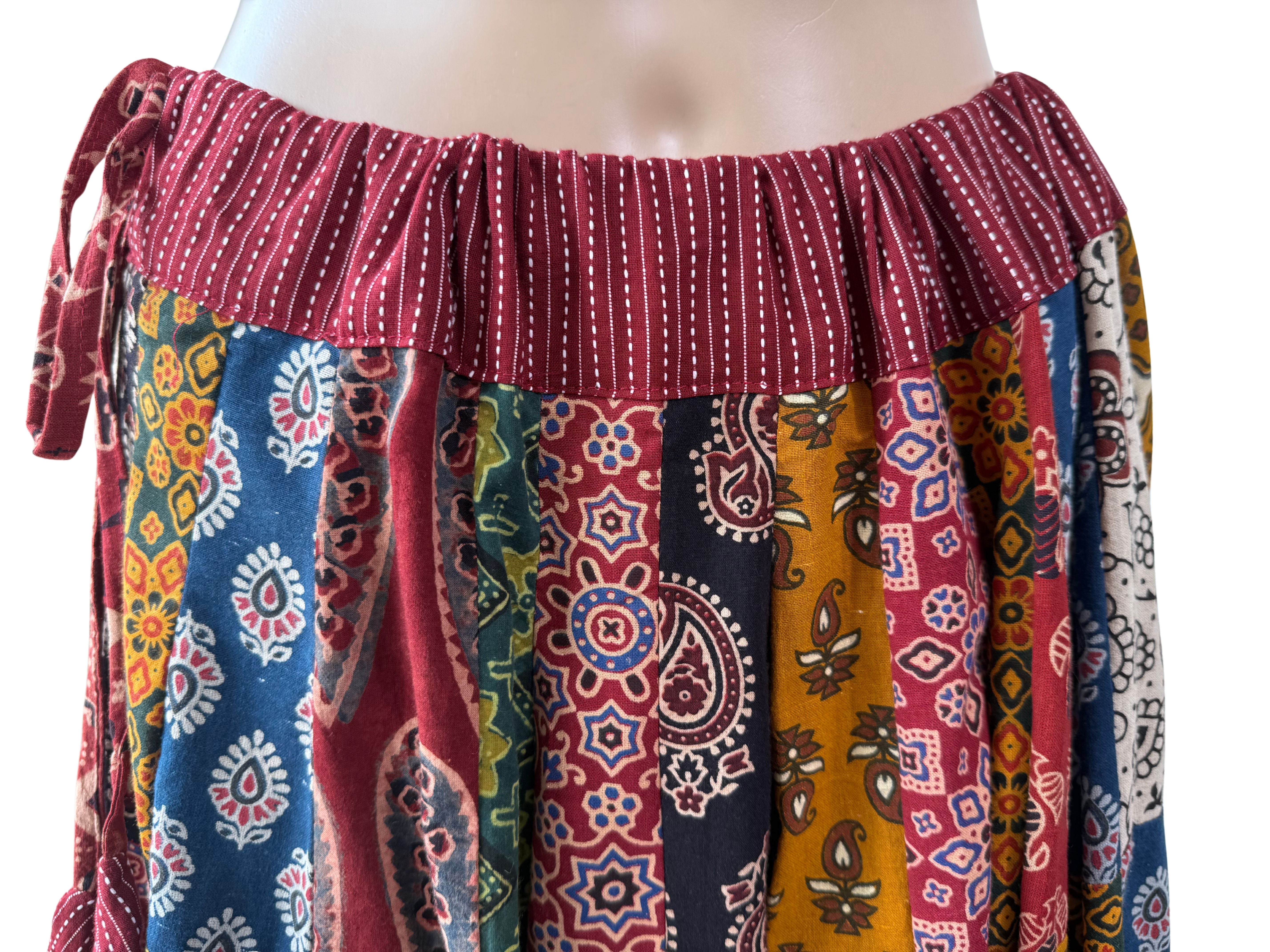 MultiColor Ajrakh Patchwork Organic Cotton Skirt With Kali
