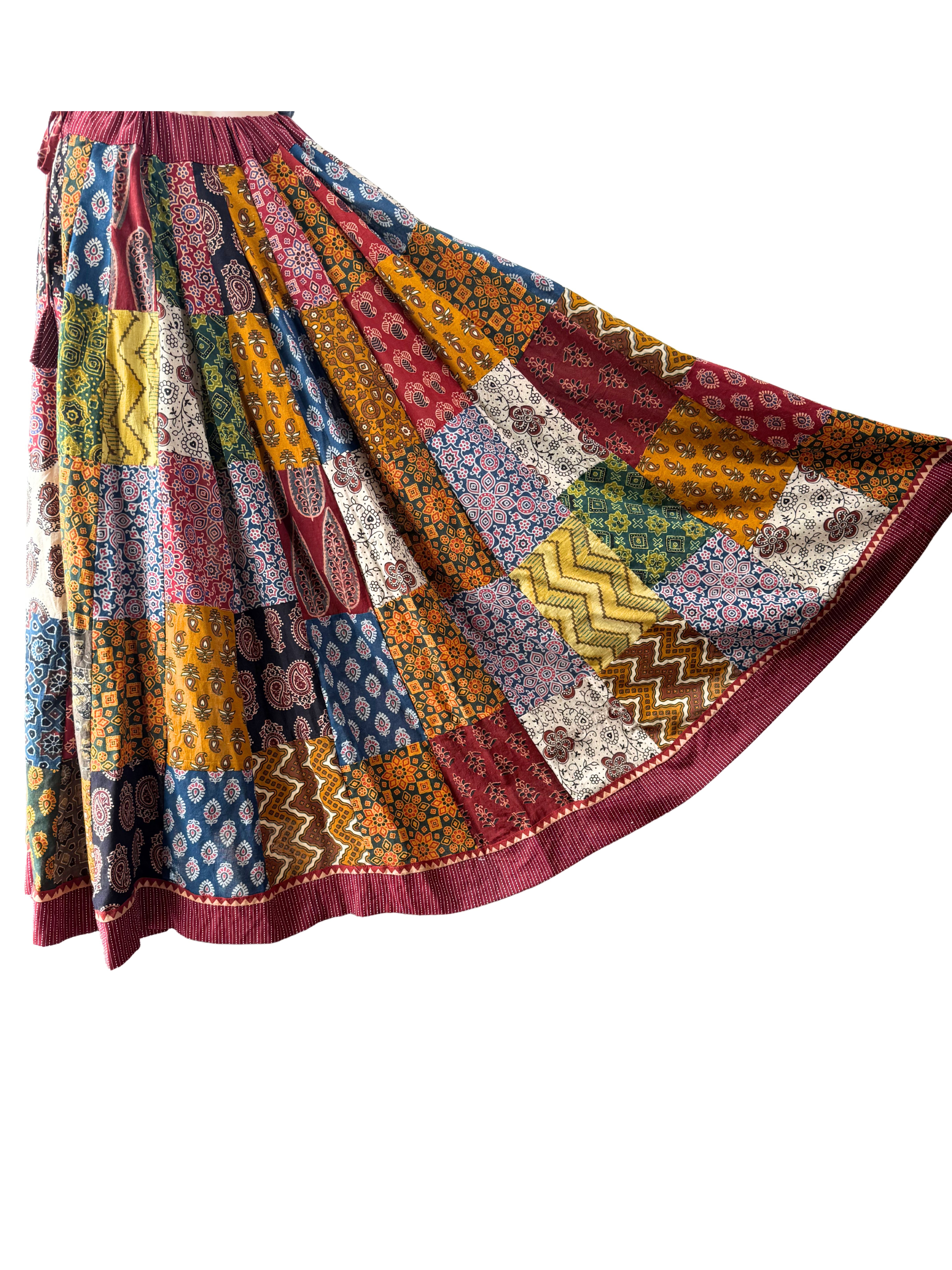 MultiColor Ajrakh Patchwork Organic Cotton Skirt With Kali