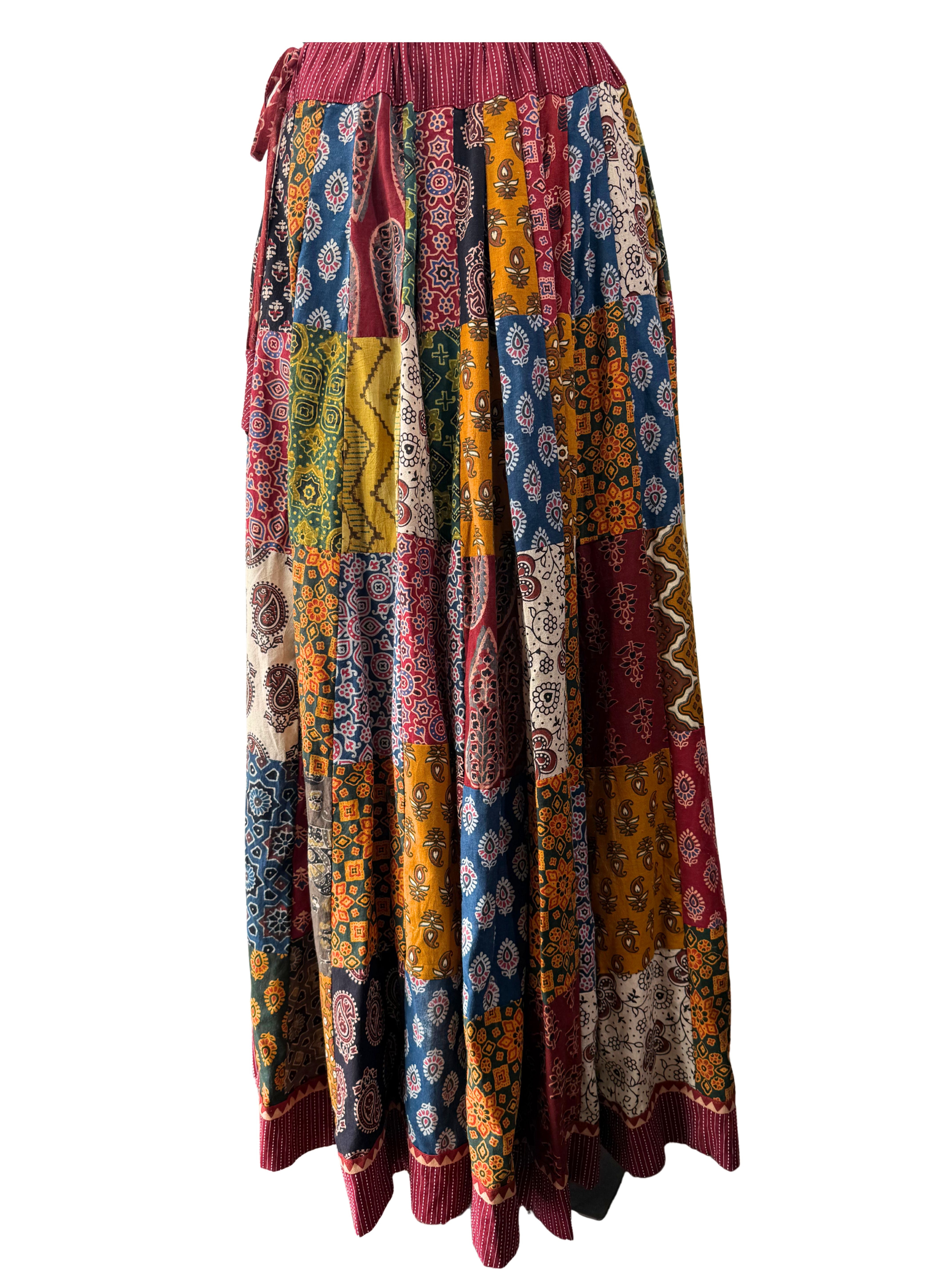 MultiColor Ajrakh Patchwork Organic Cotton Skirt With Kali